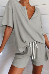 Living Solid Frenulum V Neck Short Sleeve Two Pieces(3 colors) Ins Street