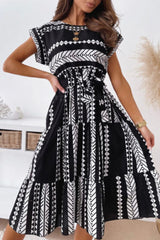 Elegant Print Split Joint O Neck A Line Dresses Ins Street