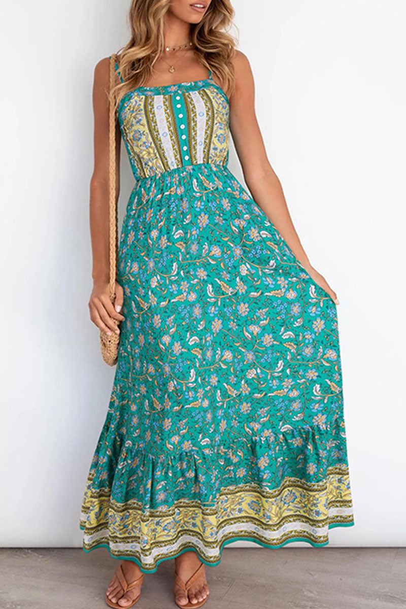 Elegant Print Split Joint Spaghetti Strap A Line Dresses Ins Street