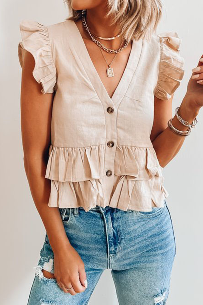 Solid Buckle Flounce V Neck Tops Ins Street