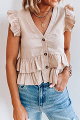 Solid Buckle Flounce V Neck Tops Ins Street