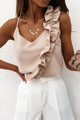 Elegant Solid Split Joint Flounce V Neck Tops Ins Street