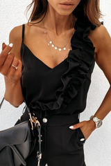 Elegant Solid Split Joint Flounce V Neck Tops Ins Street