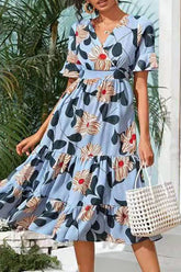Print Split Joint V Neck A Line Dresses Ins Street