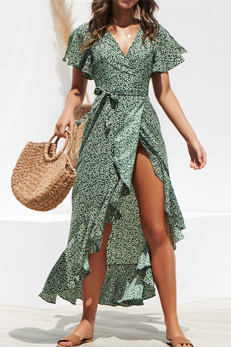 Print Frenulum Flounce V Neck Irregular Maxi Dresses Ins Street