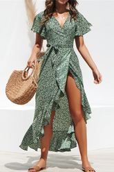 Print Frenulum Flounce V Neck Irregular Maxi Dresses Ins Street