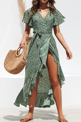 Print Frenulum Flounce V Neck Irregular Maxi Dresses Ins Street