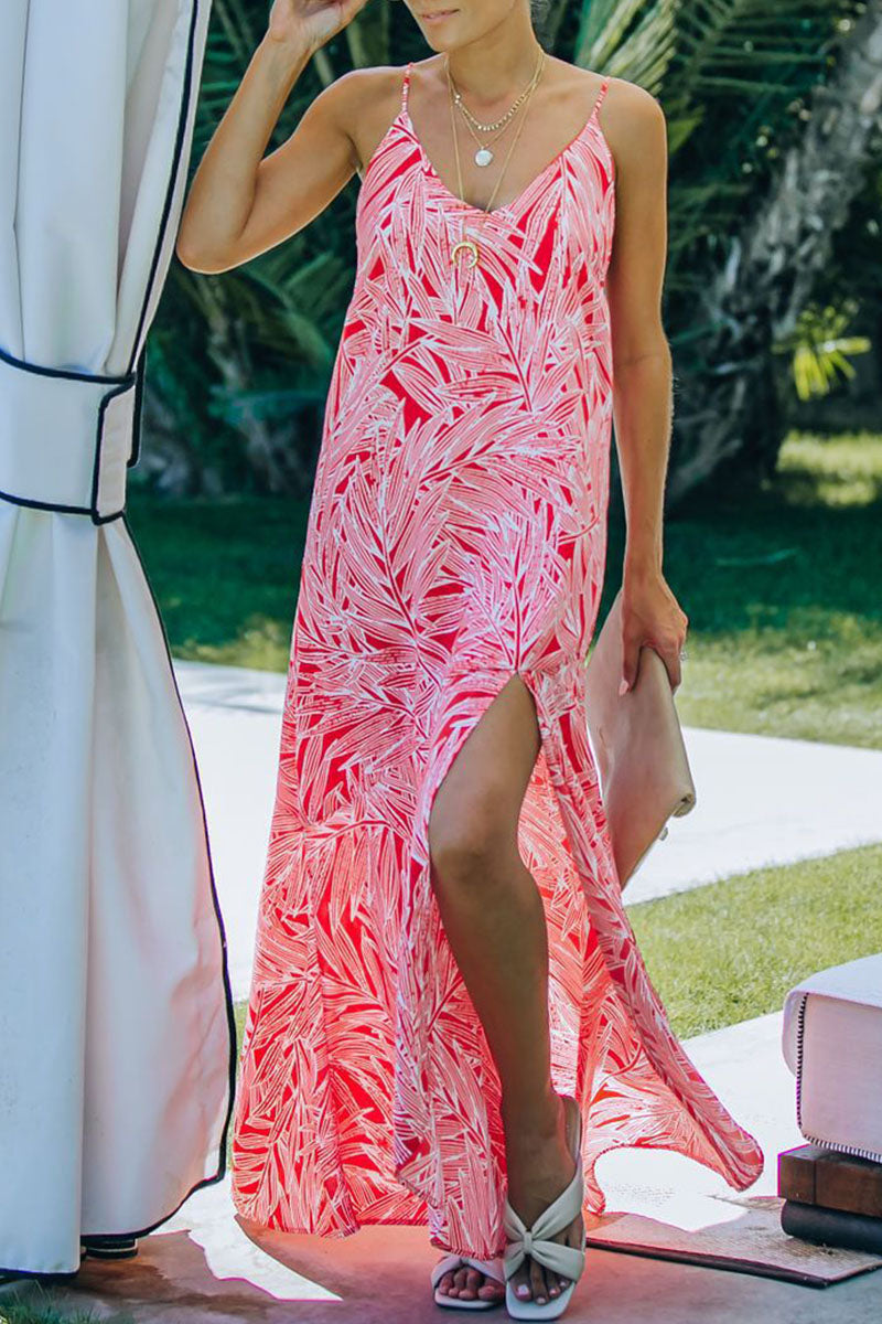 Vacation Print Slit V Neck Princess Dresses Ins Street