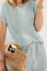 Living Solid Split Joint O Neck Short Sleeve Two Pieces Ins Street