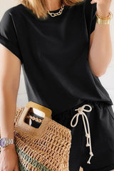 Living Solid Split Joint O Neck Short Sleeve Two Pieces Ins Street