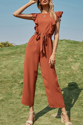 Elegant Solid Split Joint Flounce With Belt O Neck Straight Jumpsuits Ins Street