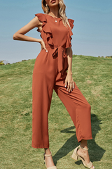 Elegant Solid Split Joint Flounce With Belt O Neck Straight Jumpsuits Ins Street