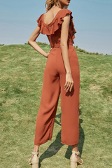 Elegant Solid Split Joint Flounce With Belt O Neck Straight Jumpsuits Ins Street