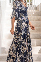 Print Split Joint V Neck Waist Skirt Dresses Ins Street