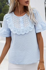 Elegant Solid Hollowed Out Buckle Flounce O Neck Tops Ins Street