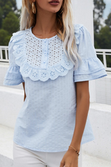 Elegant Solid Hollowed Out Buckle Flounce O Neck Tops Ins Street