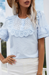 Elegant Solid Hollowed Out Buckle Flounce O Neck Tops Ins Street