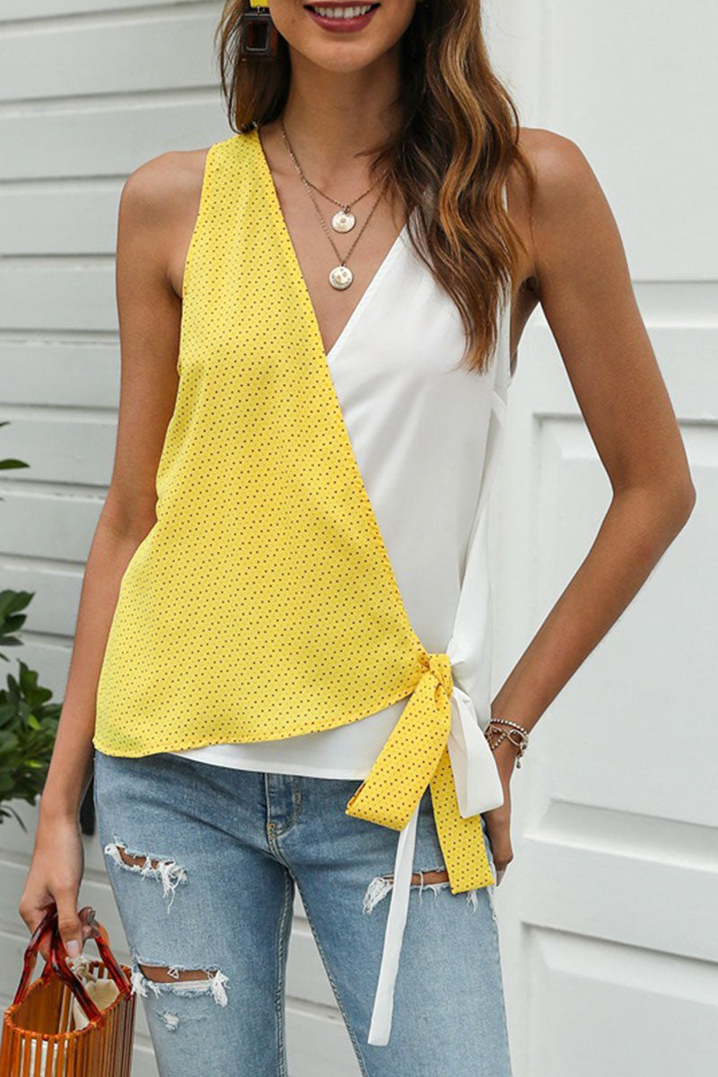 Elegant Print Split Joint V Neck Tops Ins Street