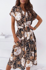 Elegant Print Buckle With Belt V Neck A Line Dresses Ins Street