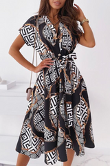 Elegant Print Buckle With Belt V Neck A Line Dresses Ins Street