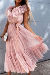 Elegant Solid With Belt Mesh V Neck A Line Dresses Ins Street