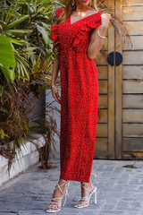 Elegant Print Split Joint Flounce V Neck Loose Jumpsuits Ins Street