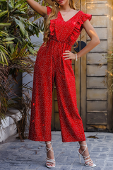 Elegant Print Split Joint Flounce V Neck Loose Jumpsuits Ins Street
