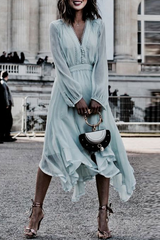 Elegant Solid Split Joint Buttons V Neck Irregular Dress Dresses Ins Street