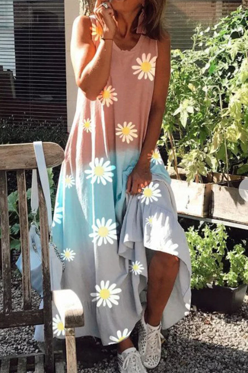 Print Split Joint O Neck A Line Dresses Ins Street