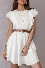 Elegant Solid Flounce Without Belt O Neck A Line Dresses Ins Street