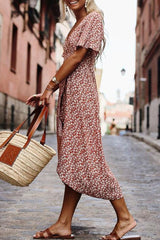 Print Split Joint V Neck Irregular Dresses Ins Street