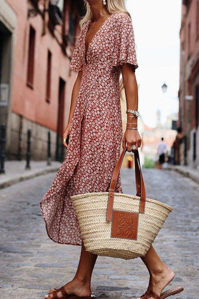 Print Split Joint V Neck Irregular Dresses Ins Street