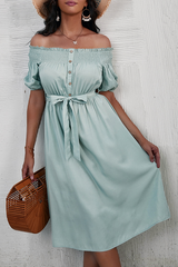 Elegant Solid Buckle With Belt Off the Shoulder A Line Dresses Ins Street