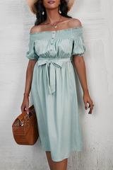 Elegant Solid Buckle With Belt Off the Shoulder A Line Dresses Ins Street