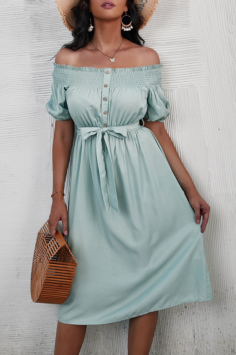Elegant Solid Buckle With Belt Off the Shoulder A Line Dresses Ins Street