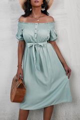 Elegant Solid Buckle With Belt Off the Shoulder A Line Dresses Ins Street