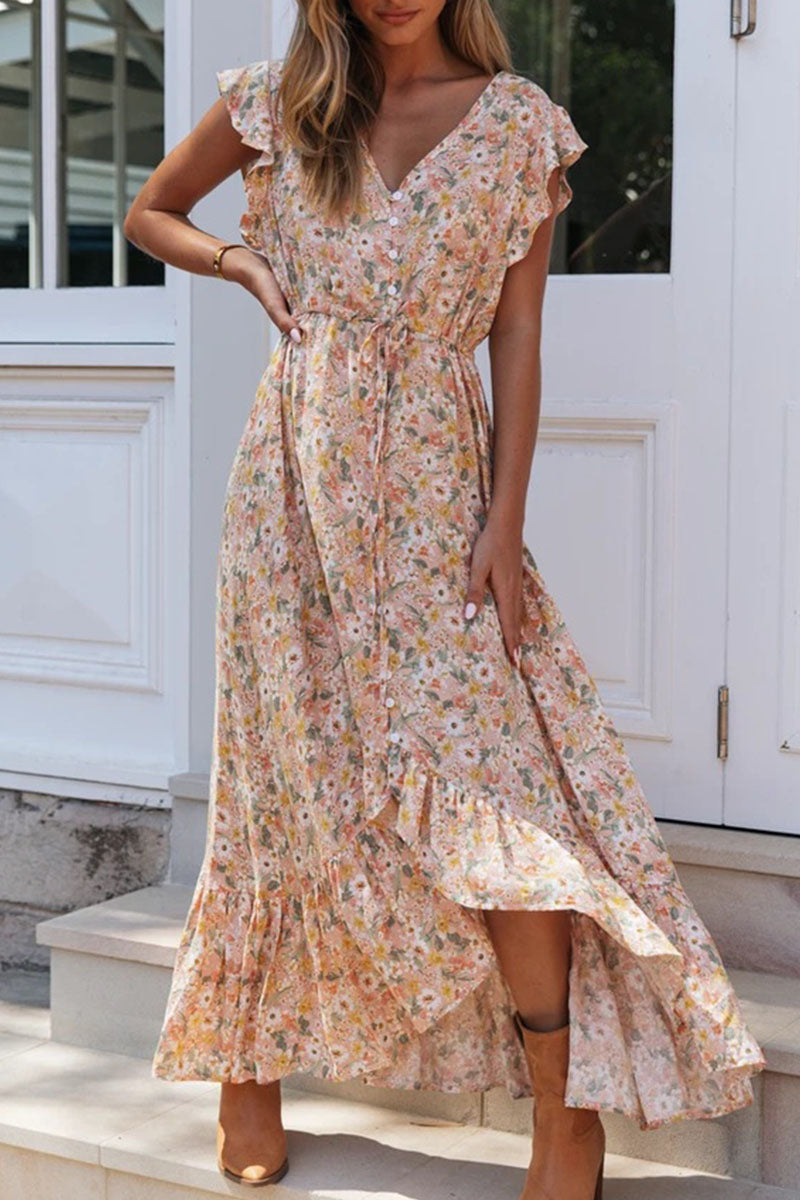 Print Split Joint V Neck Waist Skirt Dresses Ins Street