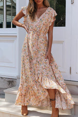 Print Split Joint V Neck Waist Skirt Dresses Ins Street