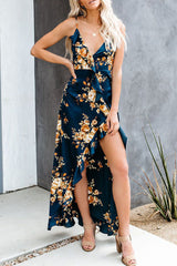 Print Split Joint V Neck Irregular Dresses Ins Street