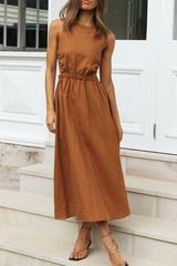 Solid Split Joint Backless O Neck A Line Dresses Ins Street