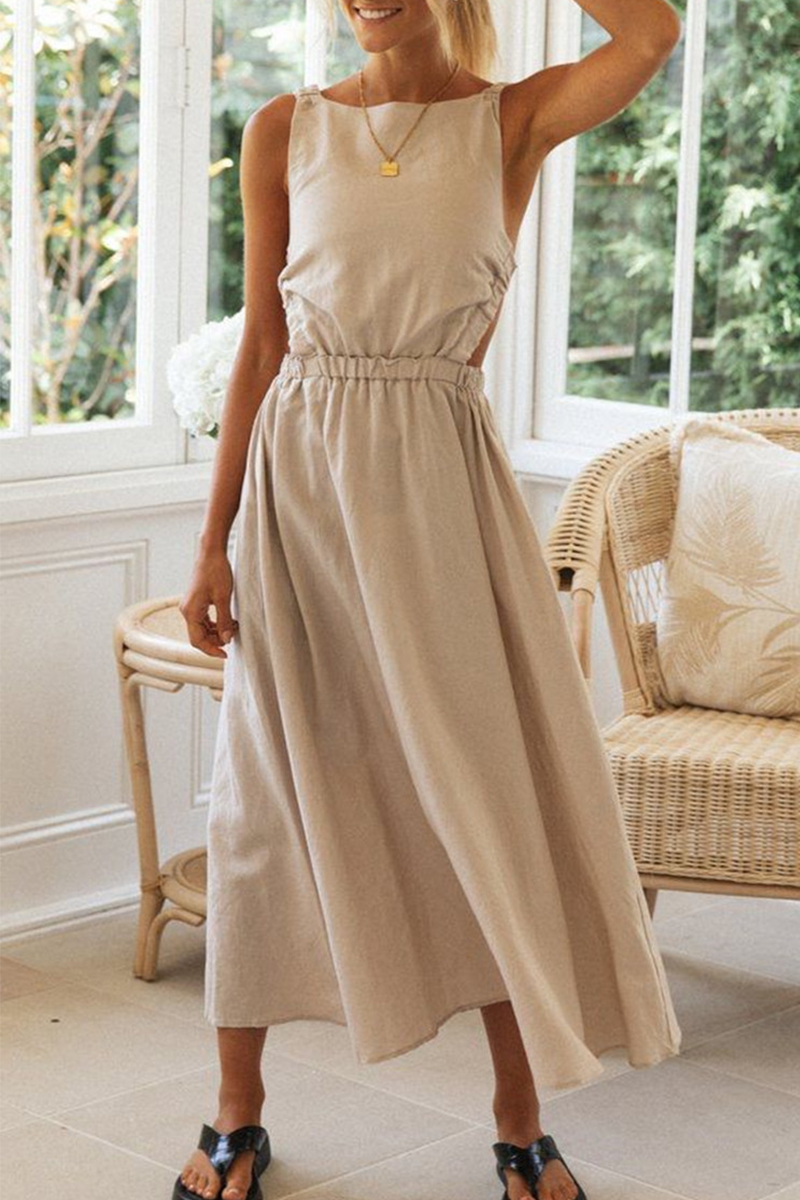 Solid Split Joint Backless O Neck A Line Dresses Ins Street