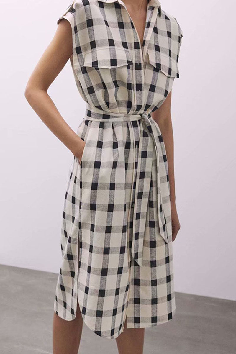 Casual Plaid Split Joint Turndown Collar A Line Dresses Ins Street