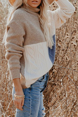 Casual Patchwork Contrast Turtleneck Tops Florcoo