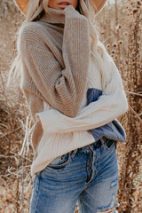 Casual Patchwork Contrast Turtleneck Tops Florcoo