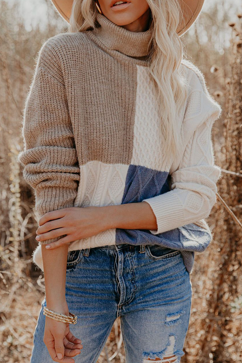 Casual Patchwork Contrast Turtleneck Tops Florcoo