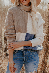 Casual Patchwork Contrast Turtleneck Tops Florcoo