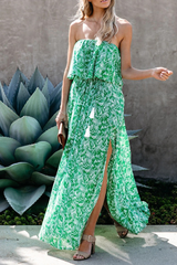 Elegant Print Frenulum Slit Strapless A Line Dresses Ins Street