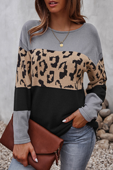 Casual Leopard Split Joint Contrast O Neck Tops£¨4 colors£© Florcoo