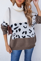 Casual Leopard Split Joint Contrast Turtleneck Tops Florcoo