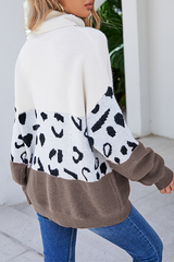 Casual Leopard Split Joint Contrast Turtleneck Tops Florcoo